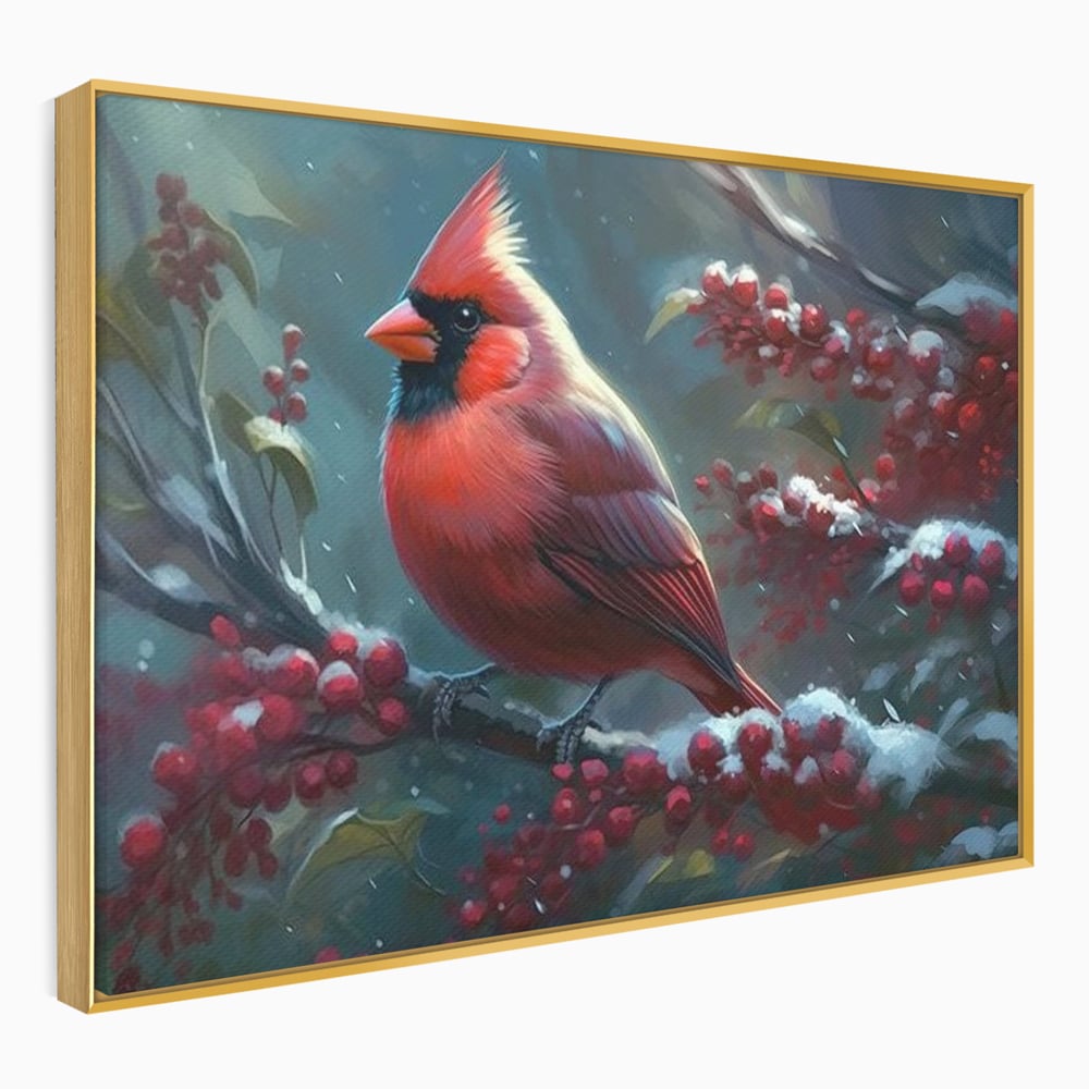 Tablou canvas cu tablou canvas cu pasare cardinal pe ramura inzapezita, in rama de aluminiu auriu